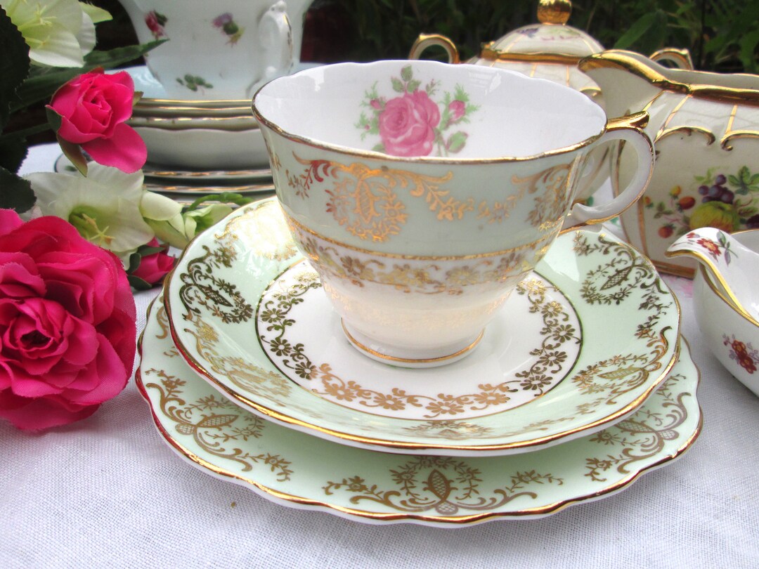 Pretty Vintage Green Balfour Floral Tea Set, Fine Bone China Tea Set