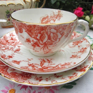 Antique Minton  Floral Terracotta Victorian Transferware Trio 1880