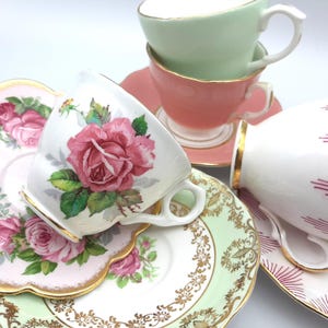 Four Vintage Bone China Pink/Green Cups & Saucers,  Tea Party, Afternoon Tea, Vintage Wedding