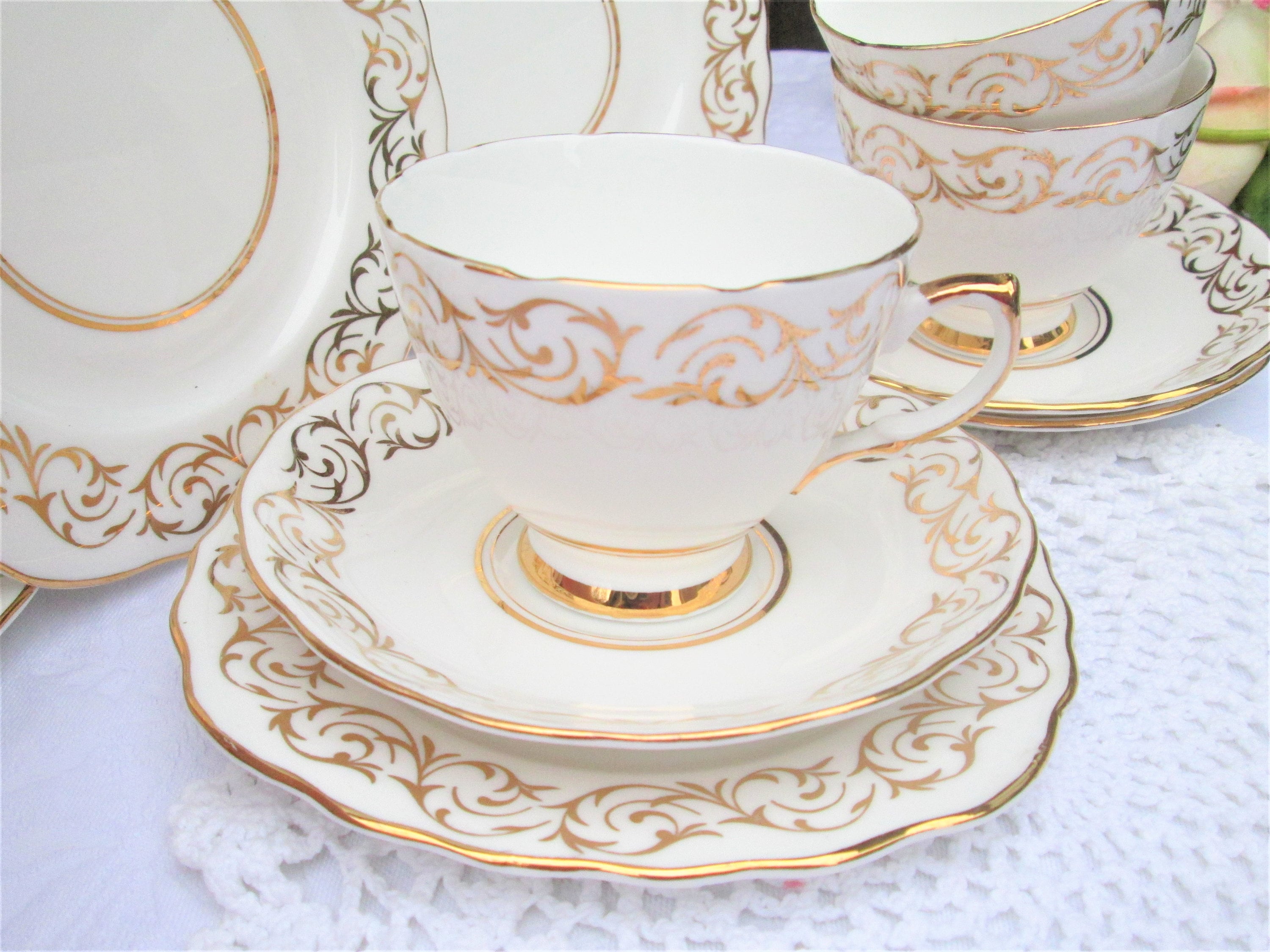 Vintage Gold & White Colclough English Bone China Trio, Vintage Tea Wares, English Tea Sets