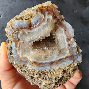 May include: A geode with a hollow center, showcasing layers of white, blue, and brown minerals. The outer shell is rough and textured, with a mix of earthy tones. The geode's interior reveals a crystalline structure.