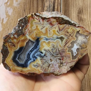 May include: A polished agate stone with a complex pattern of colours. The stone features bands of blue, yellow, brown, and white, creating a unique and natural design. The agate is held in a hand, showcasing its size and shape.