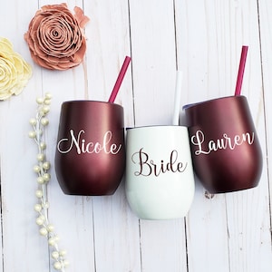 Bachelorette Party Favors, Bridesmaid Gift, maroon Cups, Bride and Bridesmaid Cups, Stemless Wine Tumblers, Bridesmaid Wine Cups