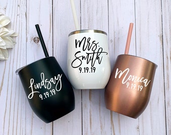 Rose Gold Wine Cups, Stainless Steel Wine Tumbler, Bridesmaid Gift, Bachelorette Party, Personalized Monogrammed Tumbler With Lid