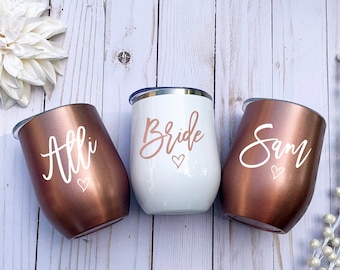 Bachelorette Tumblers, Bridesmaid Gift, Bachelorette Party Favors, Rose Gold, Bride and Bridesmaid Cups, Stemless Wine Tumblers