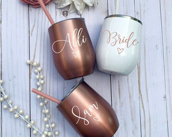 Rose Gold Wine Cups, Stainless Steel Wine Tumbler, Bridesmaid Gift, Bachelorette Party, Personalized Monogrammed Tumbler With Lid