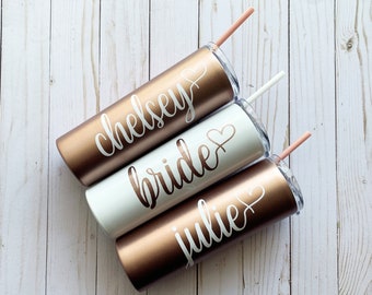 Stainless steel personalized tumbler, metal skinny tumbler,cup with straw, bachelorette party bridesmaid tumbler, metal cup, bridesmaid gift