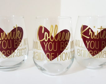Will you be my bridesmaid wine glasses, Asking Bridesmaid, Bridesmaid Proposal, Burgundy & Gold