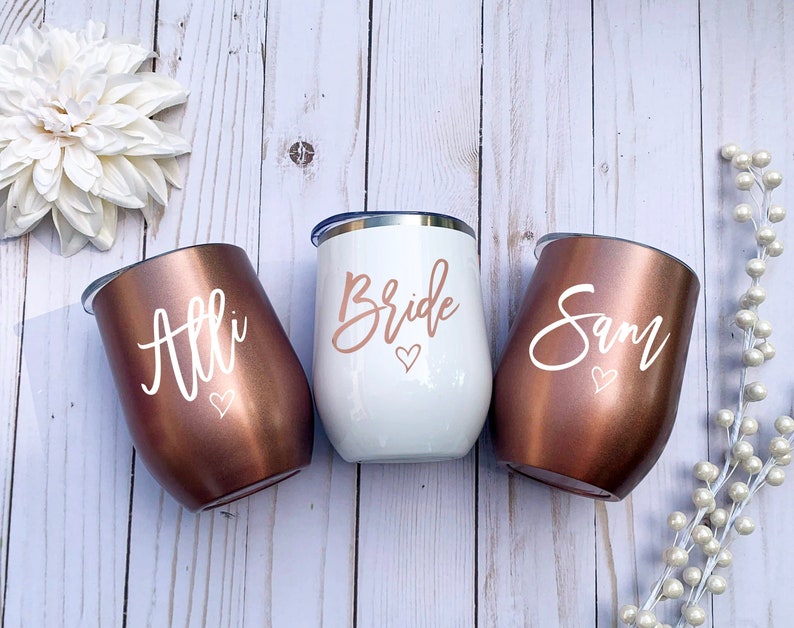 Bachelorette Tumblers, Bridesmaid Gift, Bachelorette Party Favors, Rose Gold, Bride and Bridesmaid Cups, Stemless Wine Tumblers 