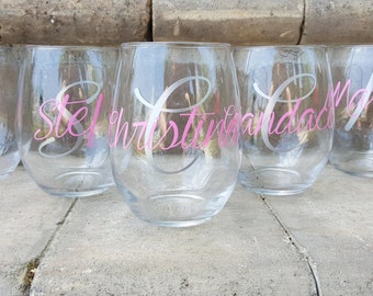 Monogram Bride and Bridesmaid Glasses - Bridesmaid Gift - Bridesmaid Stemless Wine Glass- Bride Wine Glass- Bachelorette Party Glasses