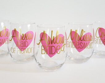 Bridal Wine Glasses - Bridesmaid Gift - Bachelorette Party Gift - Bridesmaid Glass- Wedding Favor