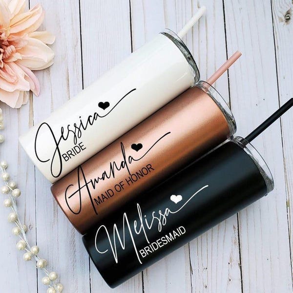 Personalized Bridesmaid Tumbler, Stainless Steel Wedding Gift (20oz)