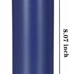 A blue cylindrical object with a clear lid, along with measurements indicating its height and width.