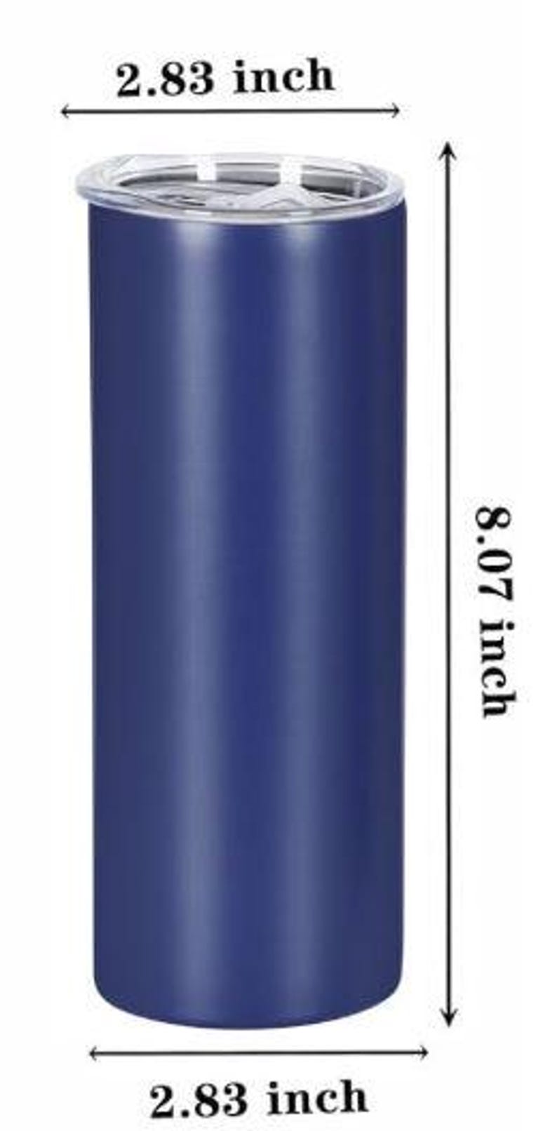 A blue cylindrical object with a clear lid, along with measurements indicating its height and width.