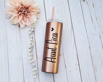 Vaso personalizado para tía: Regalo de acero inoxidable con tapa de pajita.
