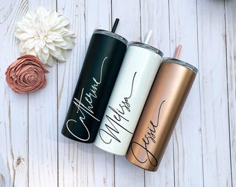 Personalized Stainless Steel Tumbler with Straw, Bridesmaid Gift