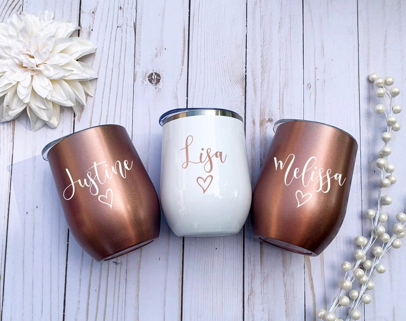 Stemless Wine Tumblers Bachelorette Party Favors Bachelorette Tumblers Bride and Bridesmaid Cups Rose Gold Bridesmaid Gift
