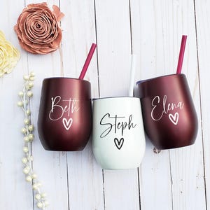 Personalized wine cup, Bachelorette Party Favors, Bridesmaid Gift, maroon Cups, Stemless Wine Tumblers, Bridesmaid Wine Cups