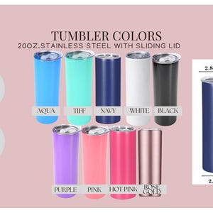 a collection of colorful tumblers with different colors and sizes, including a 2000oz stainless steel with a sliding lid. The image also includes a diagram with measurements and text providing information about the tumblers.