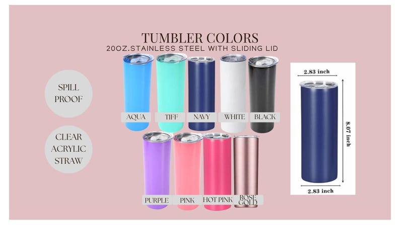 a collection of colorful tumblers with different colors and sizes, including a 2000oz stainless steel with a sliding lid. The image also includes a diagram with measurements and text providing information about the tumblers.