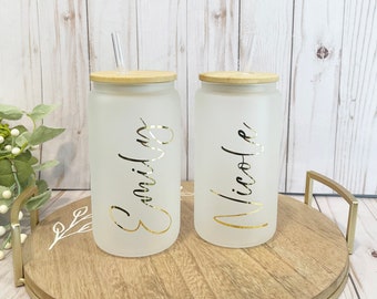 Personalized Iced Coffee Cup, Custom Beer Can Glass with Lid and Straw, Bridesmaid Gift, 16oz Glass Cup, Bridesmaid Proposal