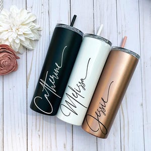 Personalized Stainless Steel Tumbler with Straw, Bridesmaid Gift image 1