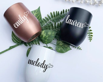 Metal wine tumbler with lid and straw, Bridesmaid Gift Bridal shower favors Personalized Bridesmaid Gifts rose gold, custom wine cup