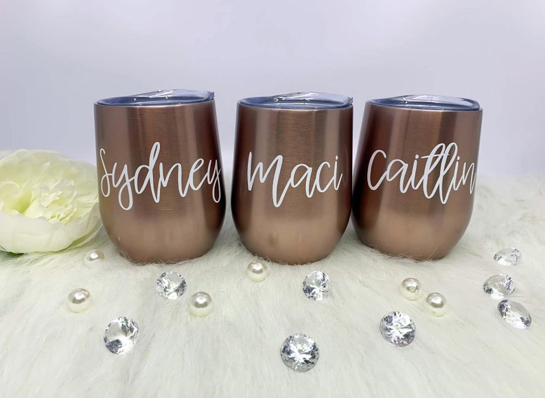Bachelorette Party Stainless Steel Wine Tumbler Personalized Monogrammed Tumbler With Lid Rose Gold Wine Cups Bridesmaid Gift