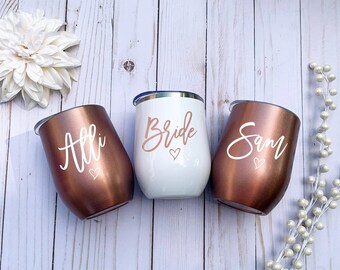 Personalized Bachelorette Stemless Wine Tumblers: Rose Gold Bridesmaid Gifts