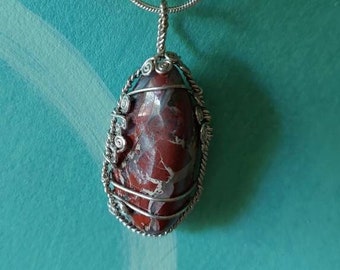 Red Stone Pendant, Red Jasper Pendant, Brecciated Jasper Pendant, sterling silver wire wrapped jasper, natural red stone pendant