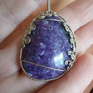 Charoite Pendant, silver wire wrapped Charoite Pendant, Purple Gemstone Pendant, swirls and curls pendant