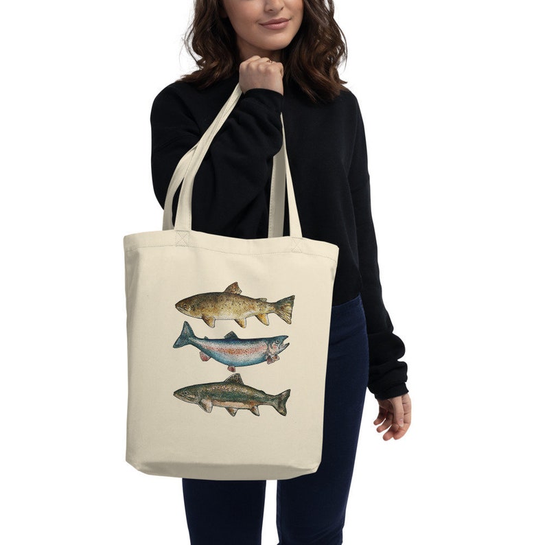 Unique Gift for Fly Fishing Fisherman or Cook. Trout Fish Tote Bag made from 100/% Natural Cotton Calico with Original Hand Drawn Art