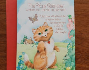 Tarjeta de cumpleaños de muñeca de papel de gatito vintage con sello distintivo