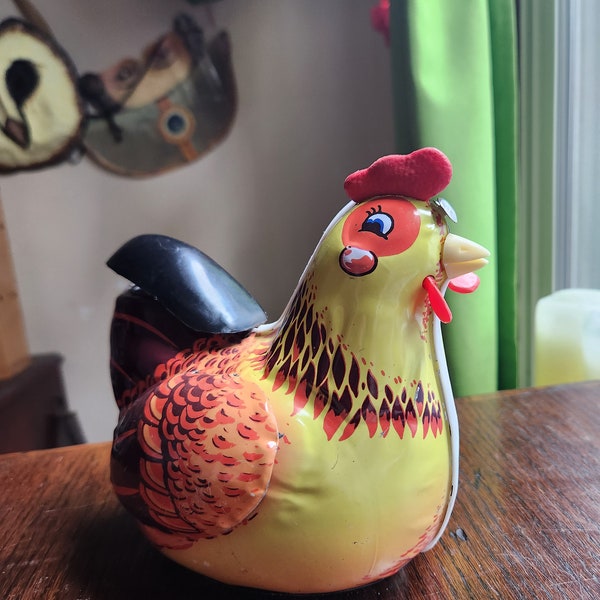 Vintage Tin Toy Hen Chicken  for decor No Eggs Not Working Good Condition Farmhouse Decor