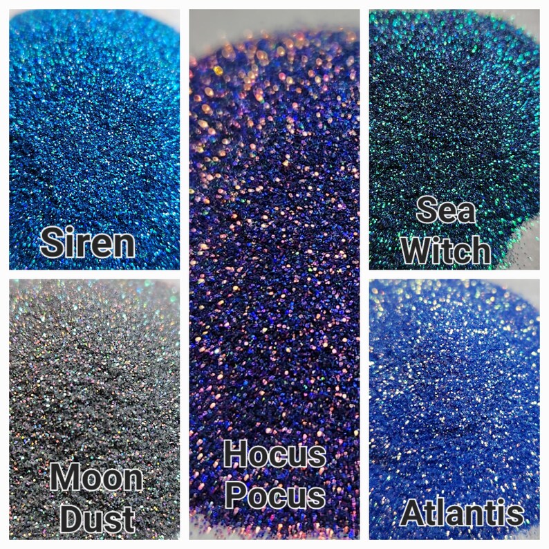May include: Six different colors of iridescent glitter, labeled "Siren", "Sea Witch", "Moon Dust", "Hocus Pocus", and "Atlantis".