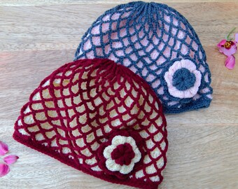 Handknit Flower Beanie, Fair Trade Layered Hat, Ladies Girls (S)