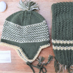 Kids earflap tie bobble hat and/or scarf set - Green and Cream wavy stripes, Handmade, Fairtrade, Ethical, Children&#39;s beanie, 1yr - 7yrs