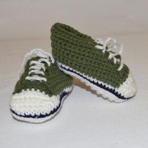 Hand Crochet Baby Booties – Green & White Converse Style, 3-12 Month