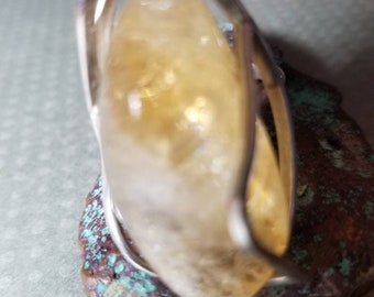 Large adjustable Sterling Silver Ring with Quartz/ Citrin Cabochon