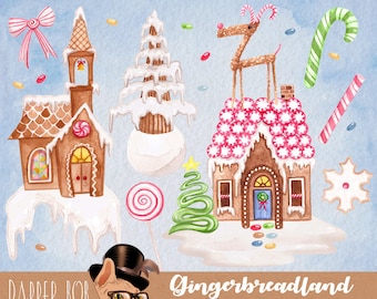 Watercolor Gingerbread Village Clipart Graphics Collection | Christmas PNG Clip Art Set