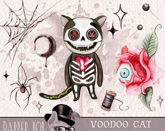 Watercolor Voodoo Cat Halloween Magic Clip Art Collection | Hand Painted Spooky Doll Clipart Set