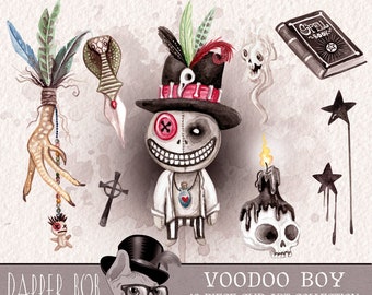 Watercolor Voodoo Boy Halloween Magic Clip Art Collection | Hand Painted Spooky Doll Clipart Set