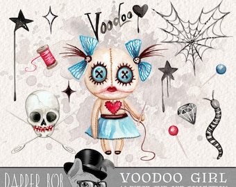 Watercolor Voodoo Girl Halloween Magic Clip Art Collection | Hand Painted Spooky Doll Clipart Set