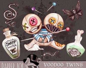 Watercolor Voodoo Twins Halloween Magic Clip Art Collection | Hand Painted Spooky Doll Clipart Set