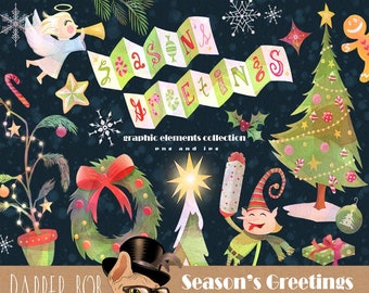 Watercolor Season's Greetings Big Christmas Clipart Graphics Collection