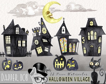 Watercolor Halloween Village Clip Art Collection | Spooky Town Clipart Illustrated PNG Elements Set