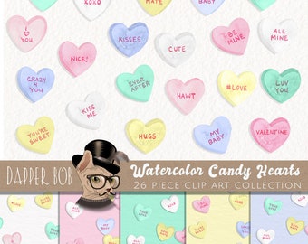 Watercolor Candy Hearts Digital Clip Art Elements and Repeating Pattern Valentine Papers