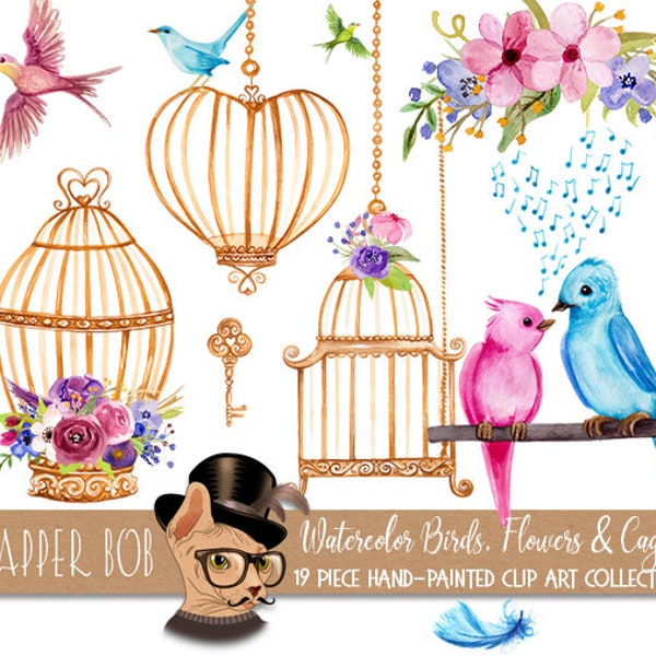 Hand-Painted Watercolor Bird Cages Birds and Floral Arrangements Clip Art Elements | Lovebirds PNG Clipart Collection