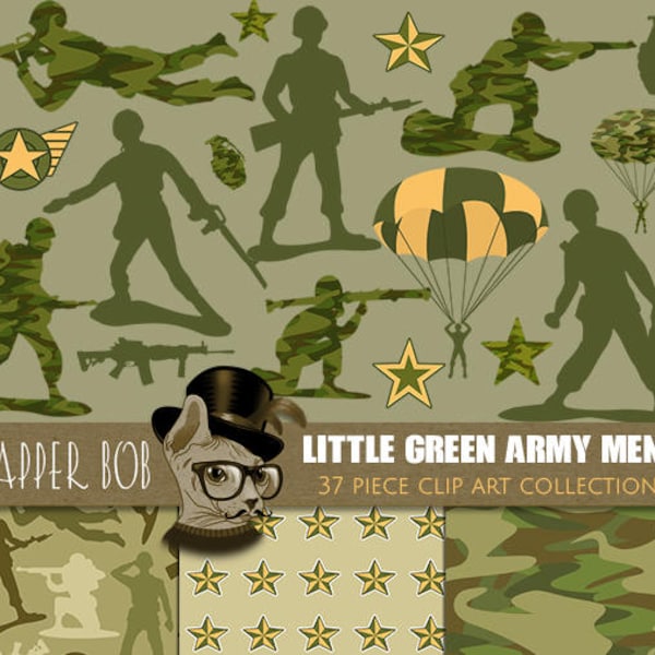 37 Piece Little Green Army Men Toys Clip Art Collection | Camouflage Combat Plastic Toy Clipart and Digital Paper Set