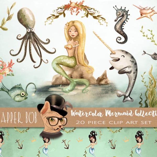 Watercolor Mermaid and Sealife Clipart Collection | Watercolour Siren PNG Digital Clip Art Graphics Set